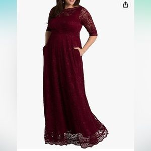 Deep Red Kiyonna lace evening gown with pockets
